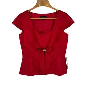 Studio I Womens Babydoll Satin Top 10 Red Bow Rhinestone Button Cocktail Holiday